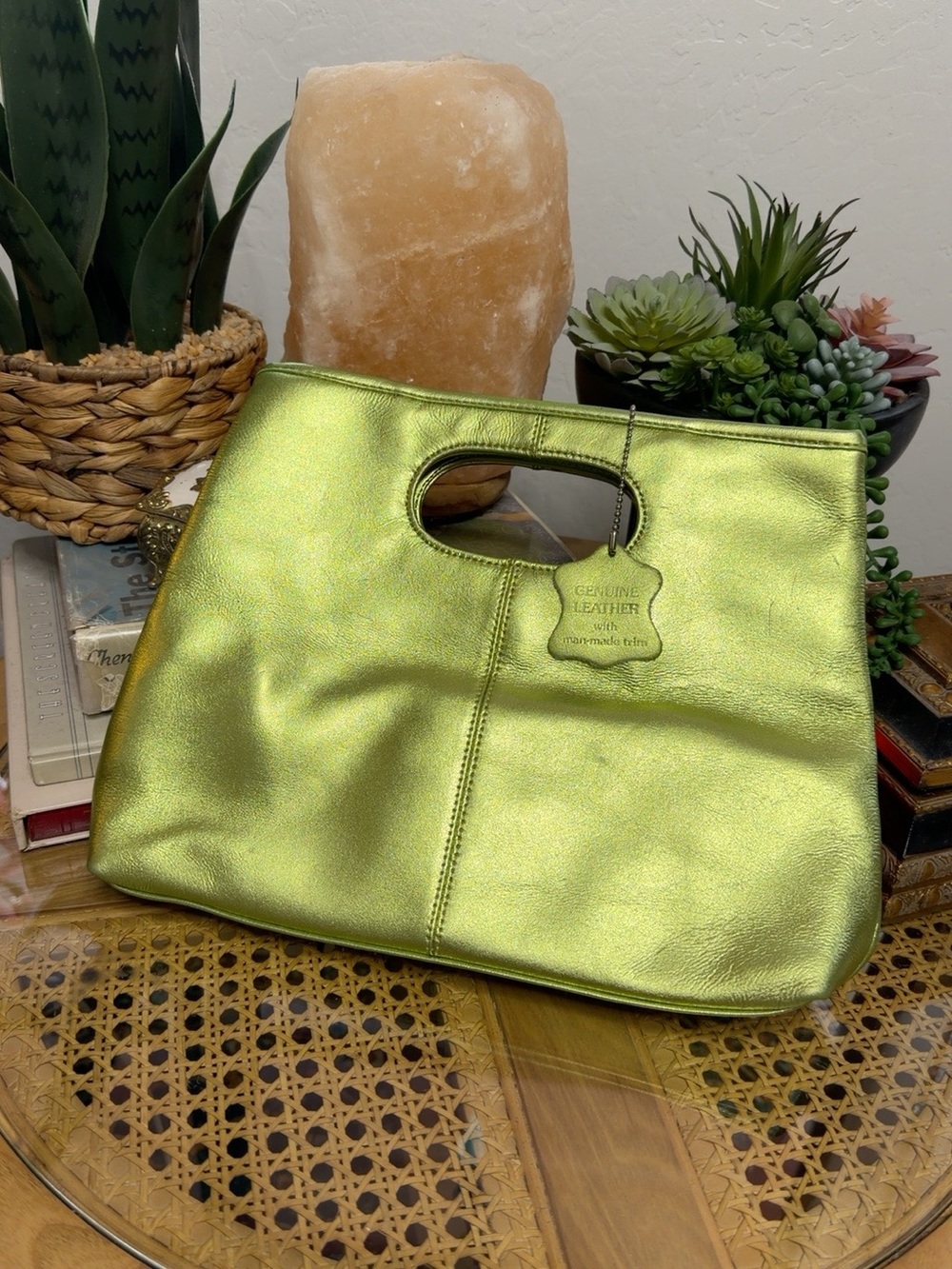 Valerie Stevens Metallic Lime Green Leather Cutout Handle Clutch Bag